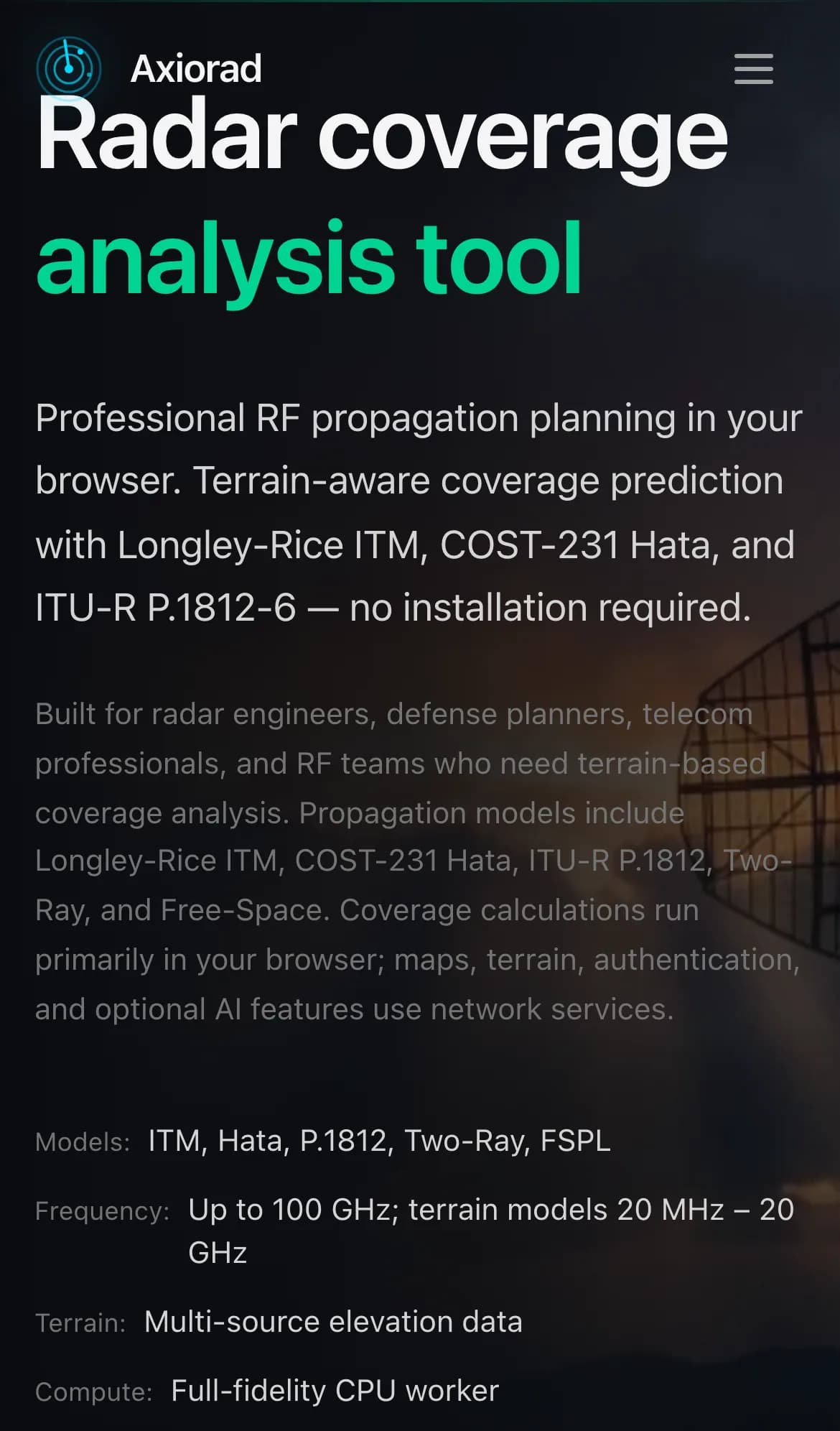 AxioRad homepage with the headline 'Radar coverage analysis tool' and a radar dish at dusk.