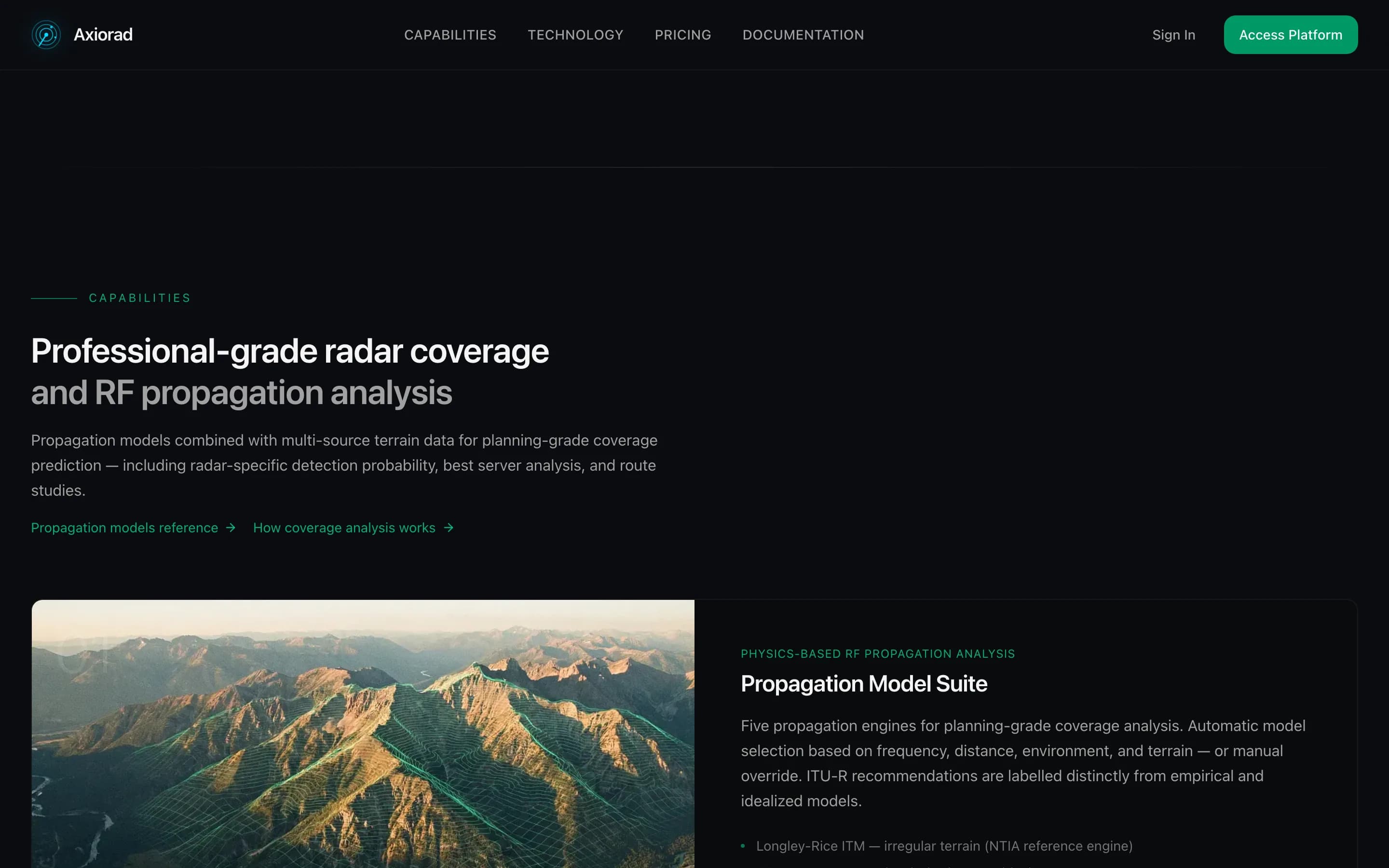 AxioRad propagation model suite beside an aerial mountain landscape.