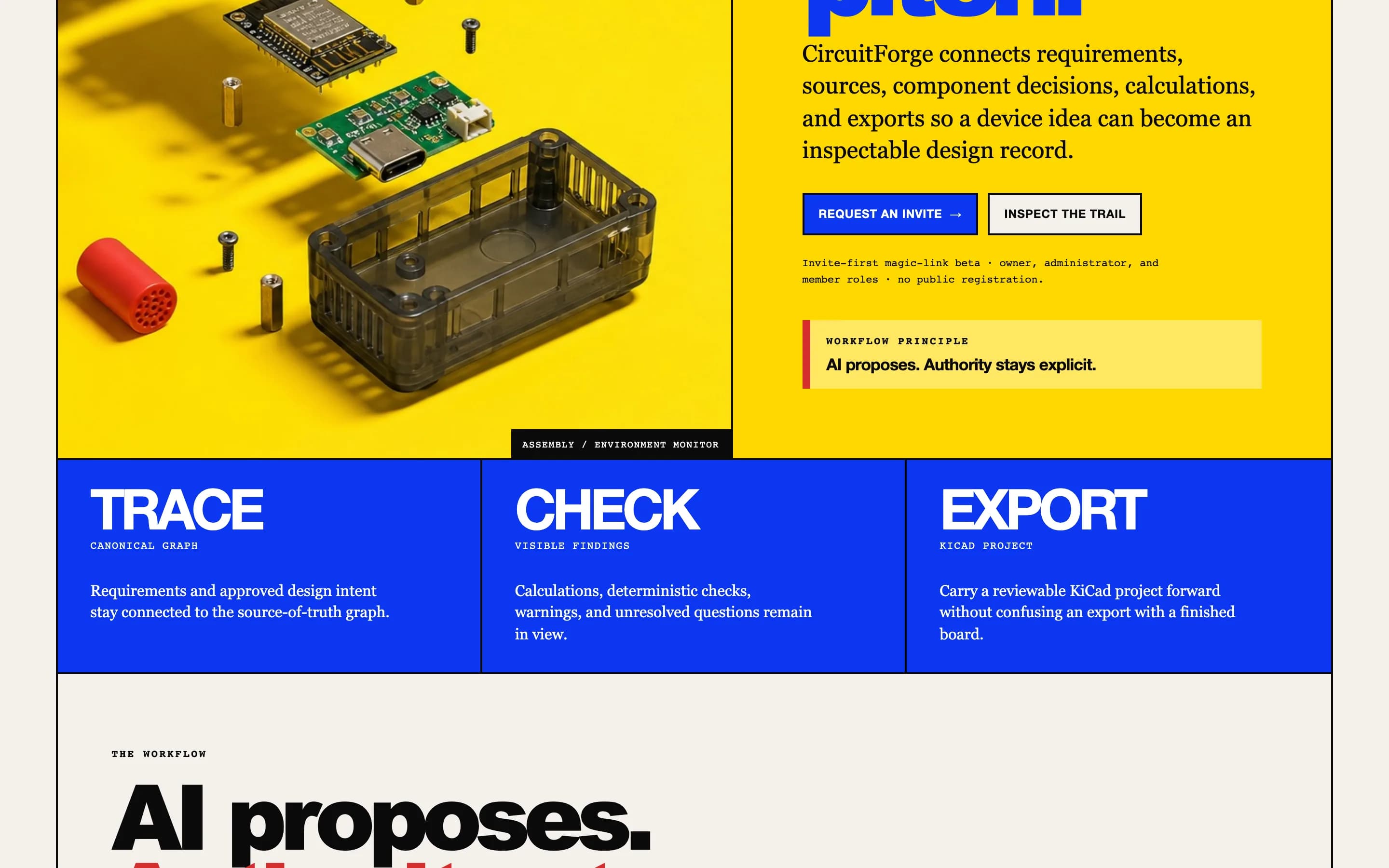 CircuitForge Trace, Check and Export panels in blue beneath the product render.