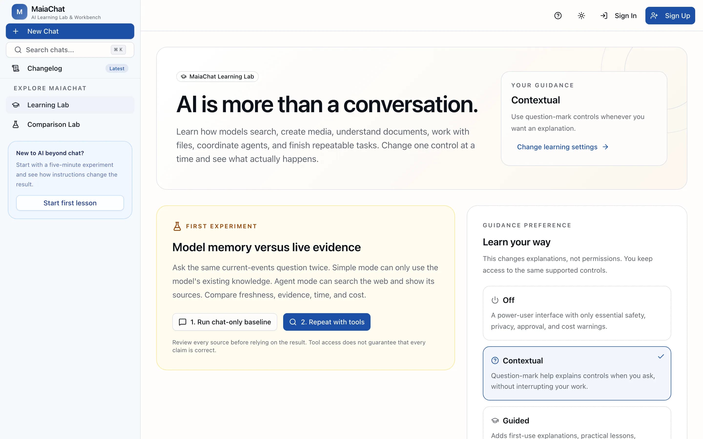 MaiaChat Learning Lab page titled 'AI is more than a conversation'.