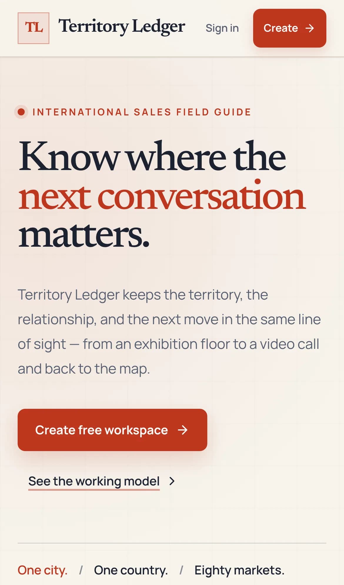 Territory Ledger homepage with the headline 'Know where the next conversation matters'.