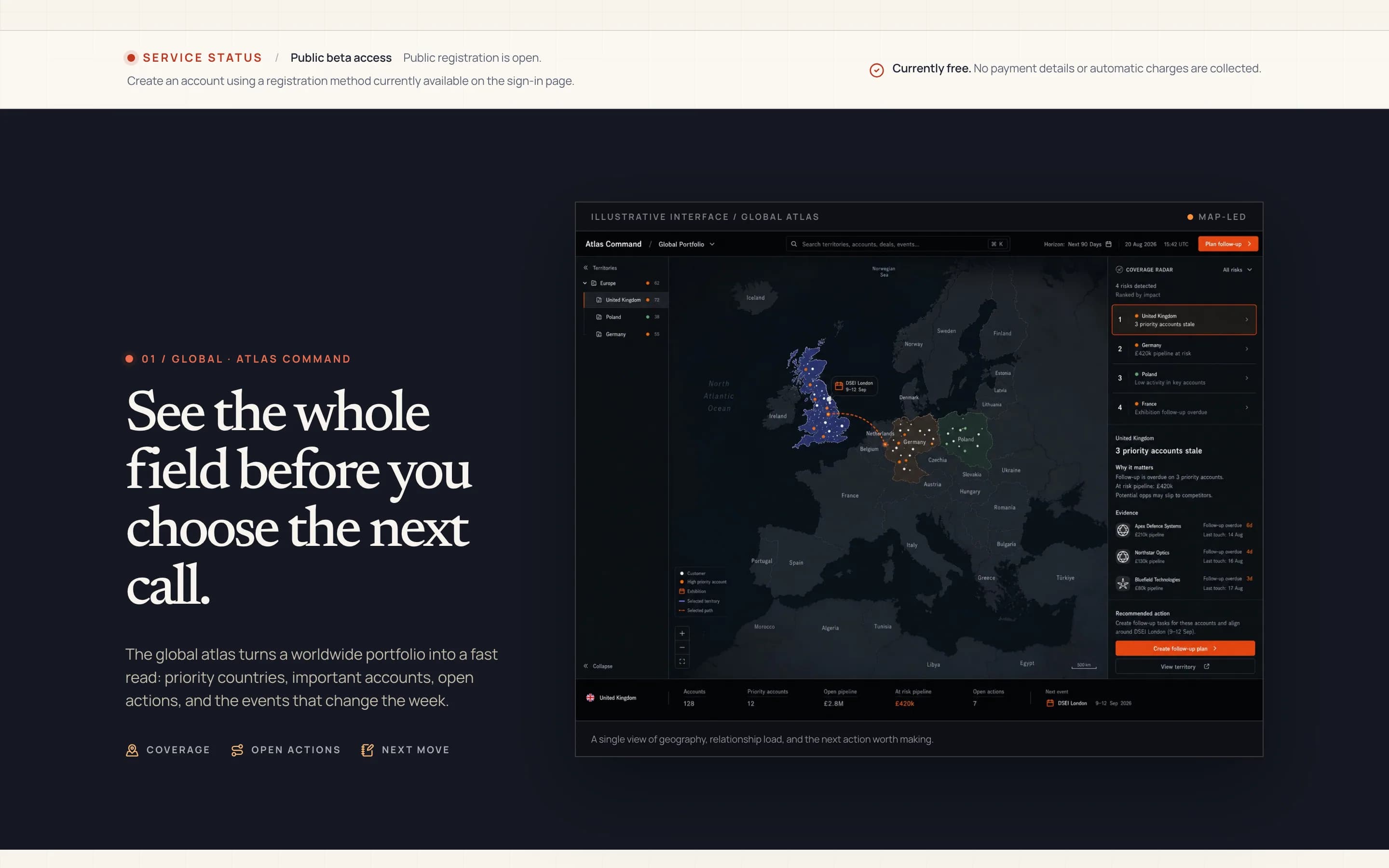 Territory Ledger dark global atlas with priority countries highlighted.