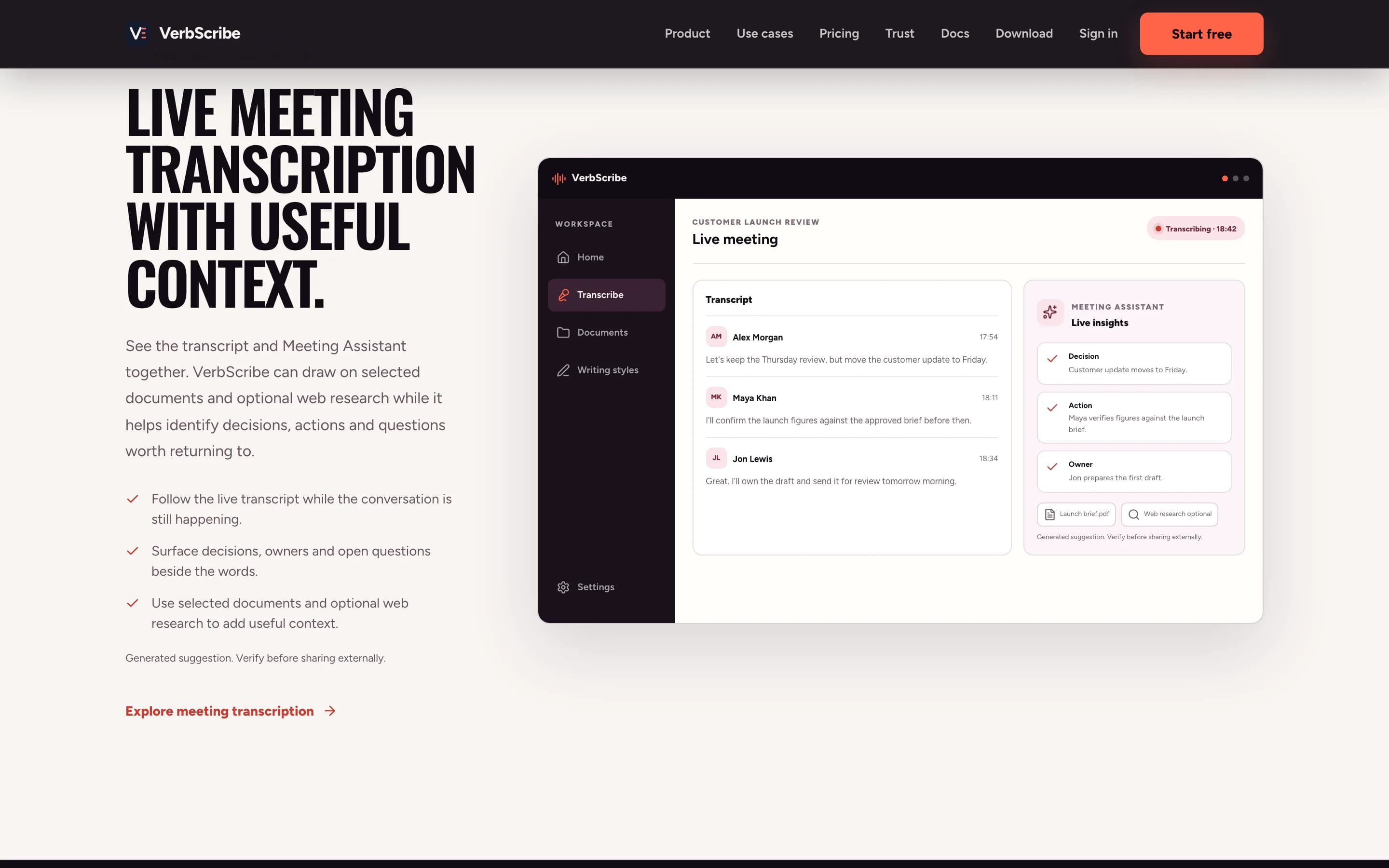 VerbScribe live meeting view with the transcript beside Meeting Assistant insights.