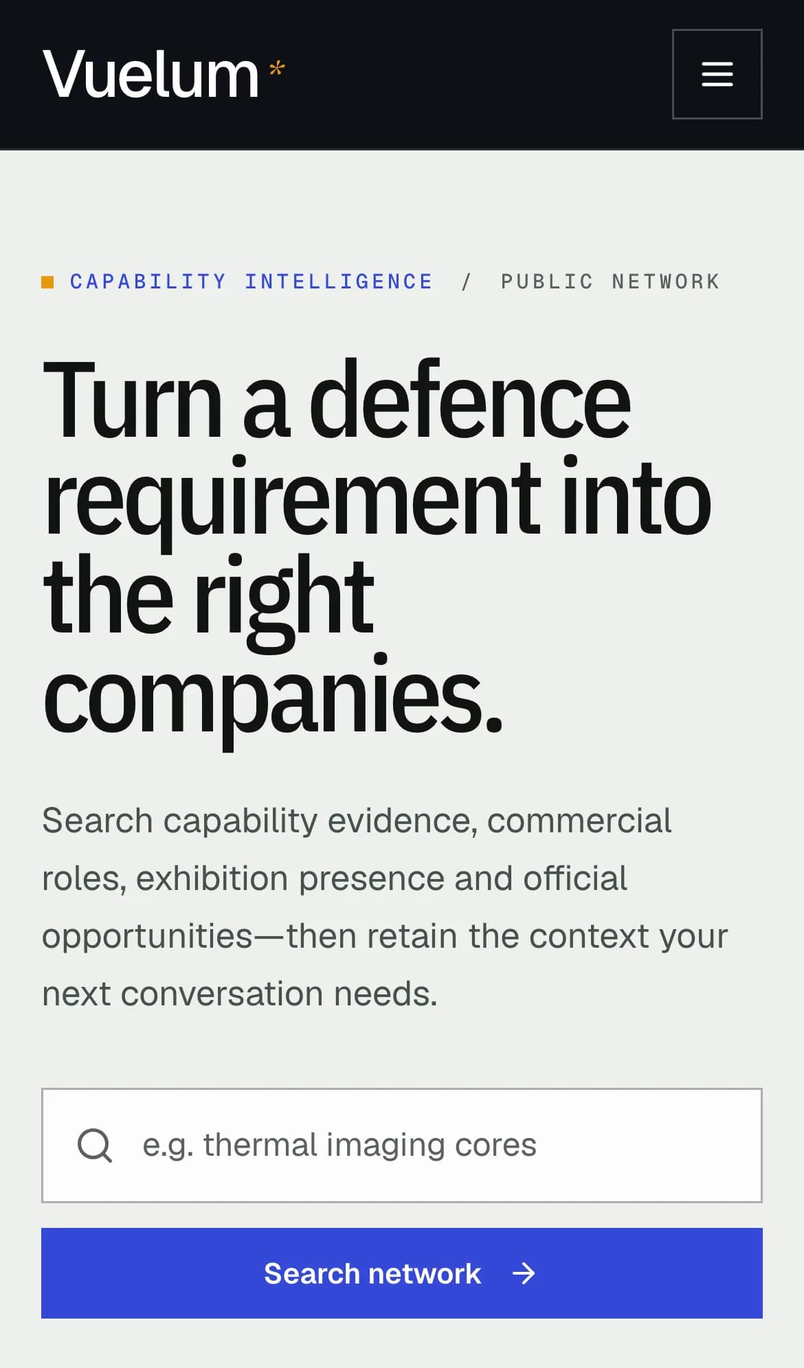 Vuelum homepage with the headline 'Turn a defence requirement into the right companies' and a capability search box.