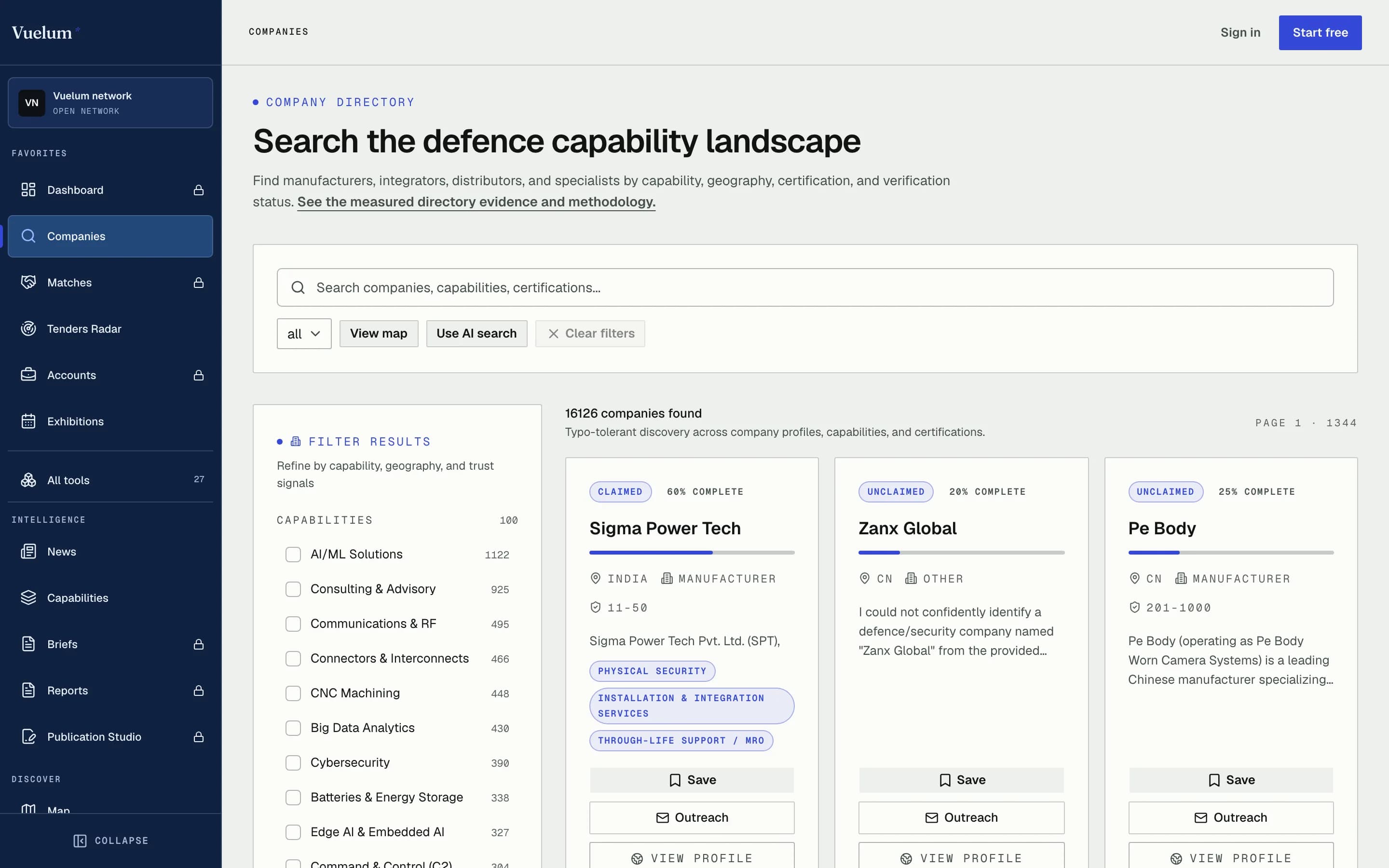 Vuelum company directory with capability filters and company result cards.