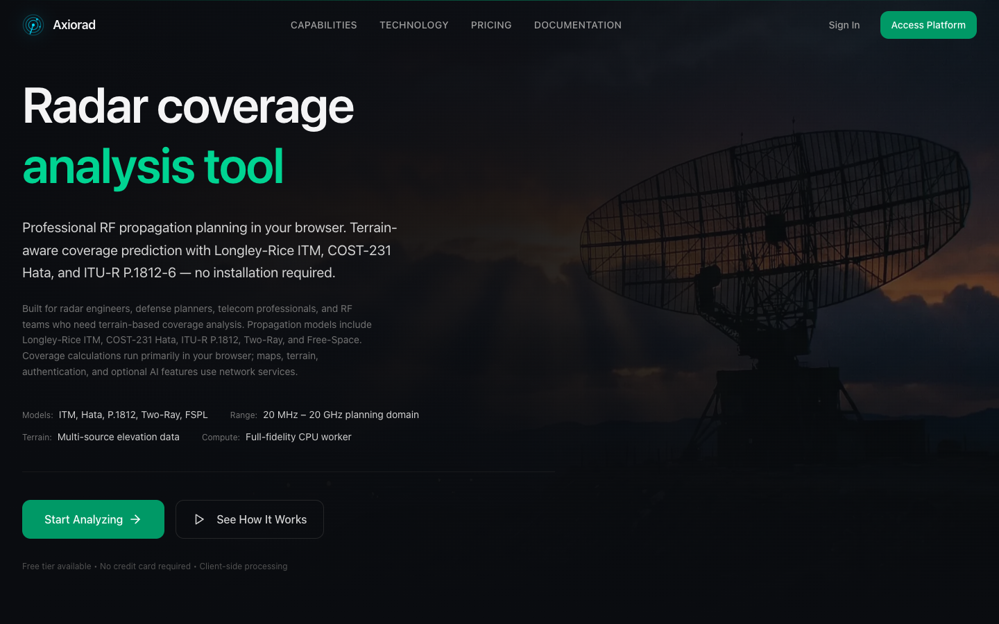 AxioRad homepage describing a radar coverage analysis tool.