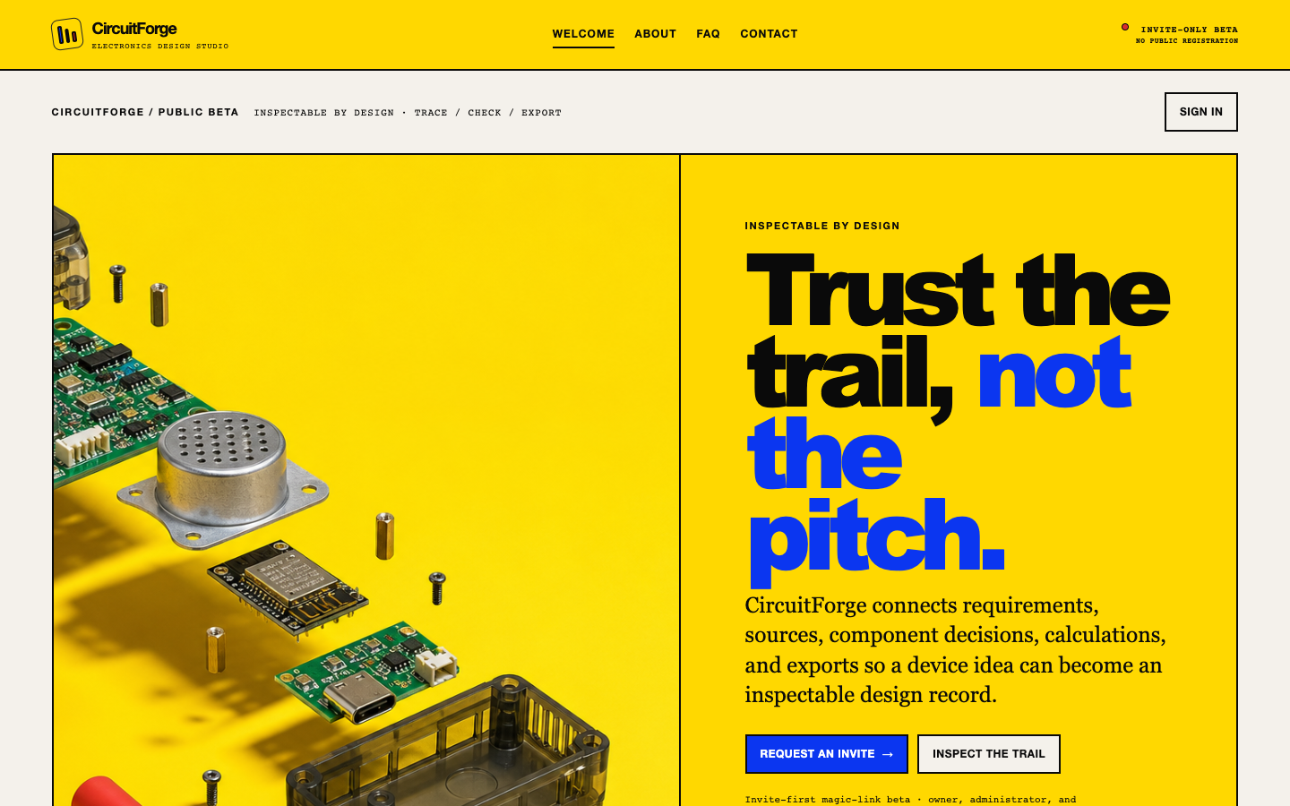 CircuitForge public product site showing an exploded electronics assembly and inspectable design workflow.