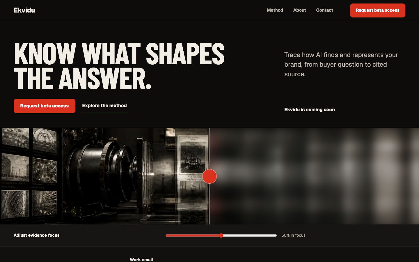 Ekvidu public website showing an evidence-focus interface for AI visibility.