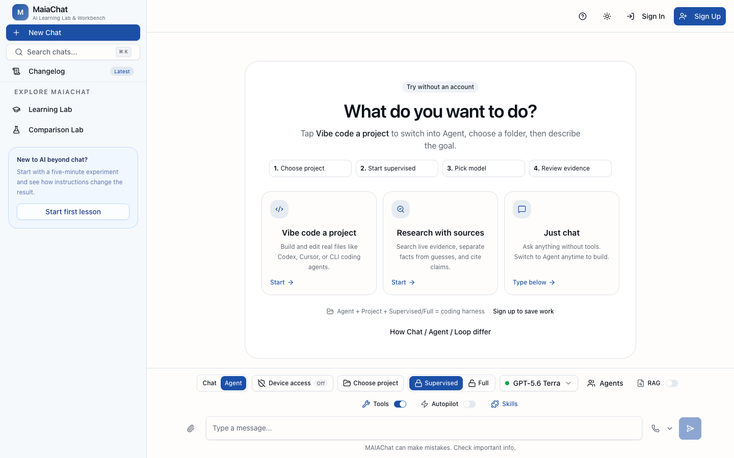 MaiaChat interface showing an autonomous assistant workspace.