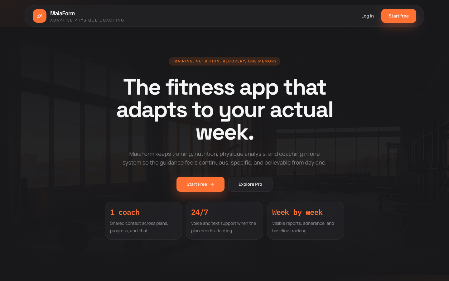 MaiaForm homepage describing an adaptive fitness application.