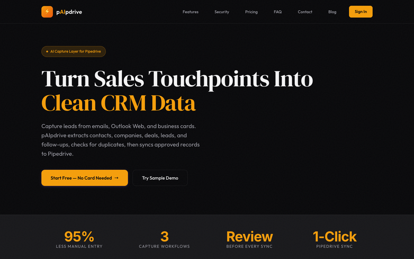 pAIpdrive homepage describing automated CRM data capture.