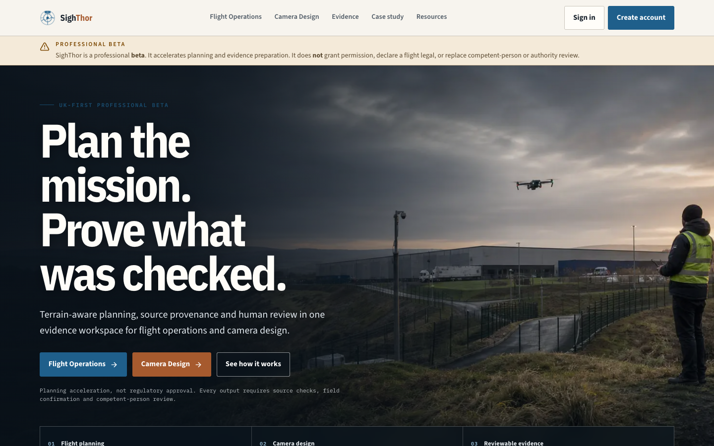 SighThor homepage showing field evidence and mission planning.