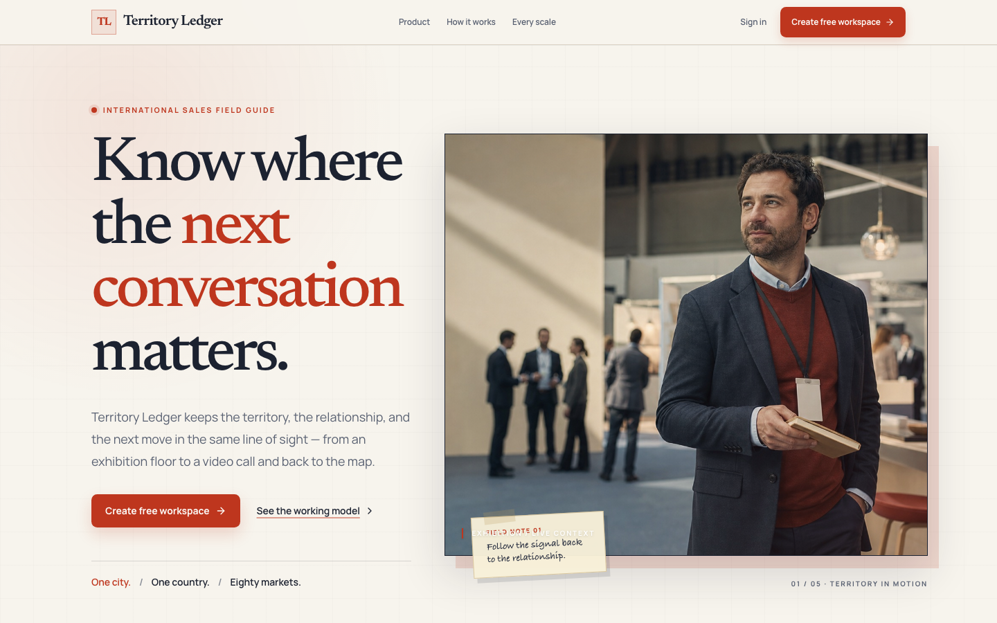 Territory Ledger in-progress website redesign preview showing an international sales landing page.