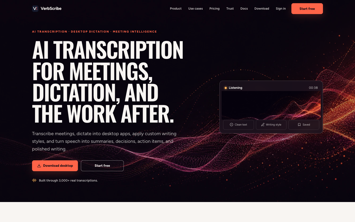 VerbScribe homepage with a red waveform and voice workflow message.