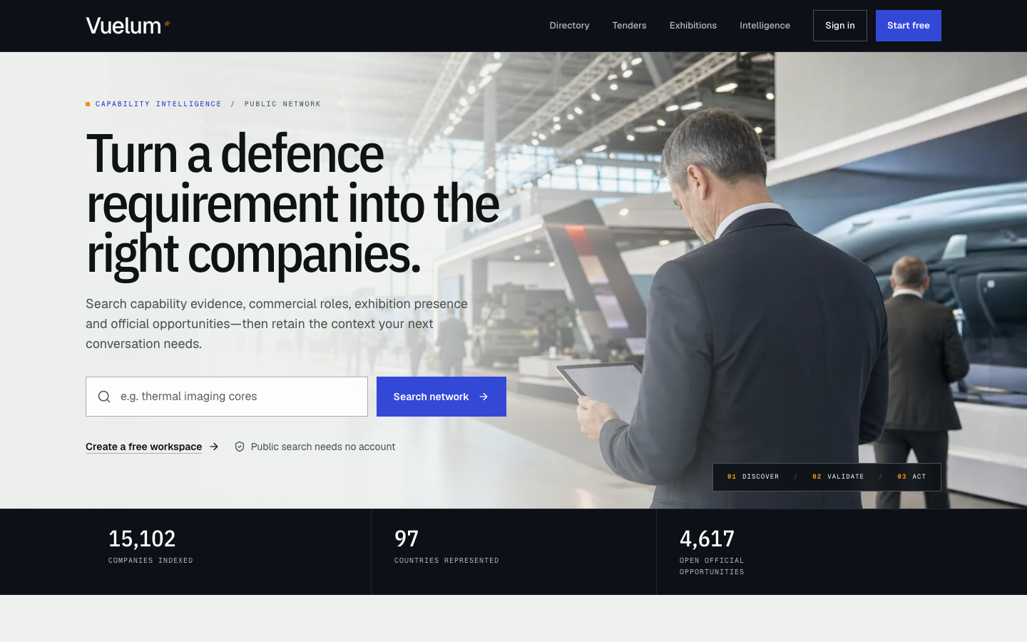 Vuelum homepage showing capability intelligence for defence markets.